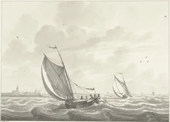 Navire sous voile sur la Meuse, au loin les villages d
