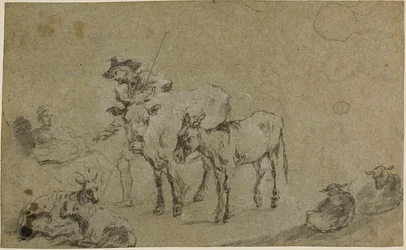 Bouvier avec vache, âne, mouton