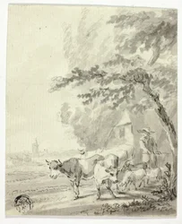 Homme gardant des vaches et des moutons