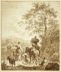 Bergère et paysan avec troupeau dans un paysage italianisant