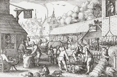 Villageois néerlandais du 17e siècle fabriquant des cordes