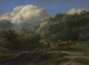 Un homme et un jeune labourant avec des bœufs