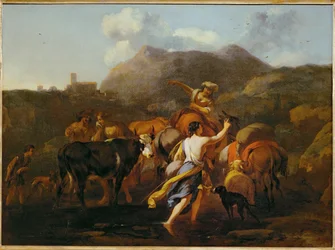 Vachers et troupeau (peinture sur toile)