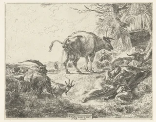 Famille de bergers endormie et bétail au repos