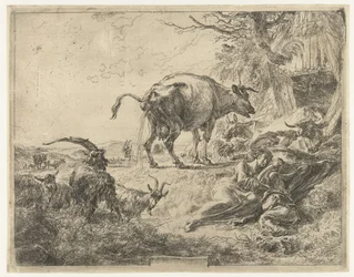 Famille de bergers endormie et bétail au repos