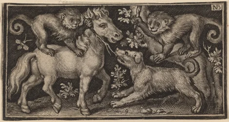 Cheval avec deux singes et un chien