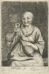 Vieille femme avec verre et cruche