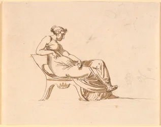 Une femme enceinte, assise de profil à droite, sur une chaise de forme antique