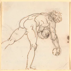 Un Homme Nu Courant (joueur de quilles?) avec des Pierres dans les Mains, Vu à Moitié de Dos