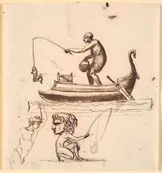 Un homme dans un bateau, levant un poisson avec une ligne. En dessous, une esquisse d