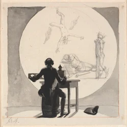 Un homme avec une lanterne magique montre une image du déclin du commerce et de l