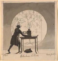 Un homme avec une lanterne magique montre un arbre généalogique éteint