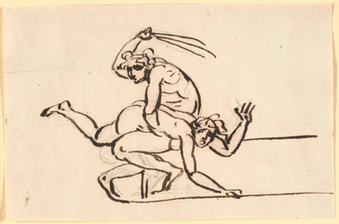 Une figure nue assise brandissant la verge vers les fesses d