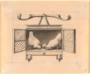 Un couple de poules dans une cage picorant des grains
