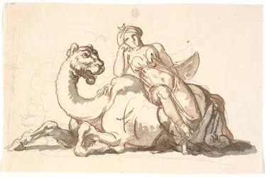 Figure féminine avec turban et croissant de lune, assise appuyée contre un chameau fantastique. Allégorie de l
