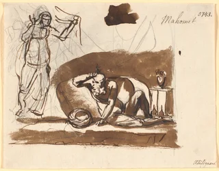 Muhamed, assis entre des coussins, à gauche une figure féminine