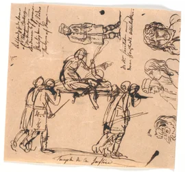 Le triomphe de la justice. Quatre hommes armés portant une civière, avec une figure allongée et une figure assise