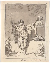 Sappho, assise avec sa lyre, en arrière-plan repose un hermaphrodite
