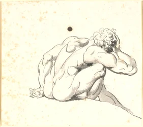 Homme assis penché en avant, vu de dos avec la main droite à la tête