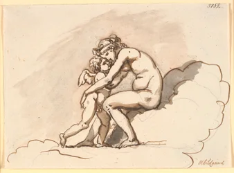 Vénus, assise dans les nuages, embrasse Cupidon