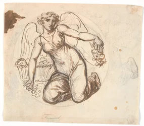Figure féminine ailée dans un cercle. À droite, étude du pied gauche de la figure