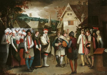 Une procession de mariage à travers une ville