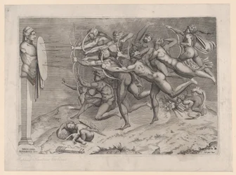 Archers nus tirant sur une cible fixée à un hermès, Cupidon dormant en dessous, peut-être ..., vers 1540-60.