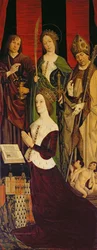 Triptyque de Moïse et le Buisson Ardent, panneau droit représentant Jeanne de Laval (d.1498) avec Saint Jean, Sainte Catherine et Saint Nicolas, vers 1476