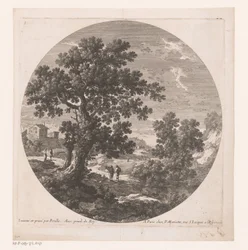 Paysage avec arbre et promeneurs