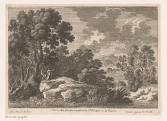 Paysage avec homme, femme et enfant sur un rocher près d