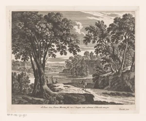 Paysage avec rivière et promeneurs
