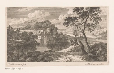 Paysage fluvial avec un pont à deux arches