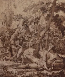 Un paysage boisé avec un dieu de la rivière et des putti