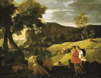 Paysage arcadien avec des histoires des légendes de Pan et Bacchus