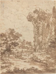 Figures se baignant dans un ruisseau