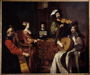 Musique baroque : « Le concert ». Musiciens jouant des instruments à cordes. Peinture de Nicolas Tournier (1590-1657), XVIIe siècle, Sun. 1,88 x 2,26 m