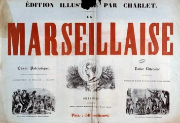 Page de titre du chant patriotique « La Marseillaise ». Illustration de Nicolas-Toussaint Charlet (1792-1845), XIXe siècle, Paris, Archives nationales.