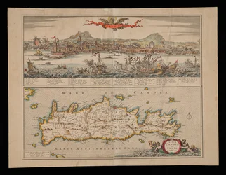 Vue de Candie et carte de Crète