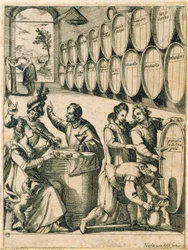 Buveurs dans une cave à vin (les noms des vins romains sont inscrits sur les barils)