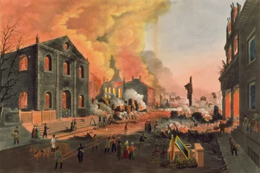 Vue des ruines après le grand incendie de New York, 16-17 décembre 1835, gravé par W.I. Bennett, pub. par L.P. Glover, New York, 1835