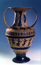 Amphore attique à figures noires représentant des danseurs, vers 535-38 av. J.-C.