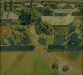 Paysage avec maisons et une route, où deux personnes sont allongées face contre terre
