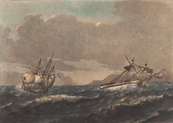 Un navire quittant la terre et une brigantine échouée sur un rocher aveugle