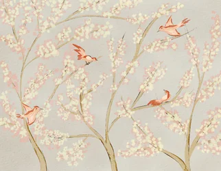 Oiseaux roses et fleurs printanières