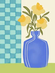 Fleurs jaunes dans un vase bleu