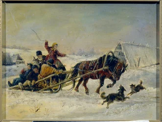 Mardi gras (Après les festivités, une femme raccompagne les hommes ivres sur son traîneau à cheval)
