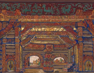 Le Palais du Tsar Berendey. Décor de scène pour la pièce de théâtre La Demoiselle des neiges par A. Ostrovsky, 1912