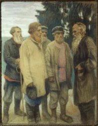 Léon Tolstoï avec des paysans / Pastel de Bogdanow-Bjelski