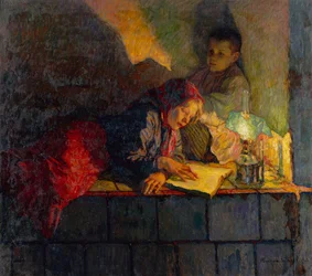 Enfants lisant à la chandelle