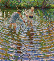 Jeunes garçons pêchant des écrevisses